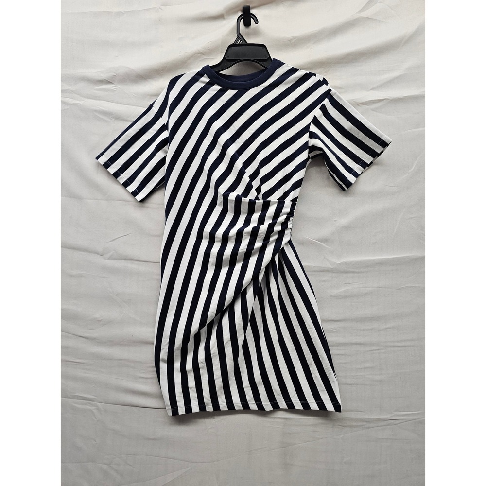 Rosie Assoulin Womens Striped Short Sleeve Mini Dress Navy Cotton Casual Size XS